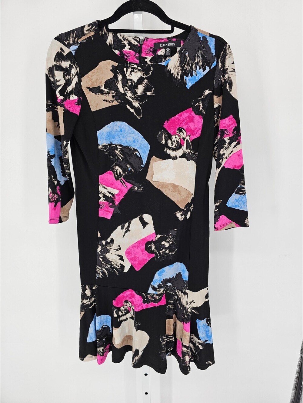 Ellen Tracy Womens Sz S Knee Length Dress Black w/ Neon Abstract Print